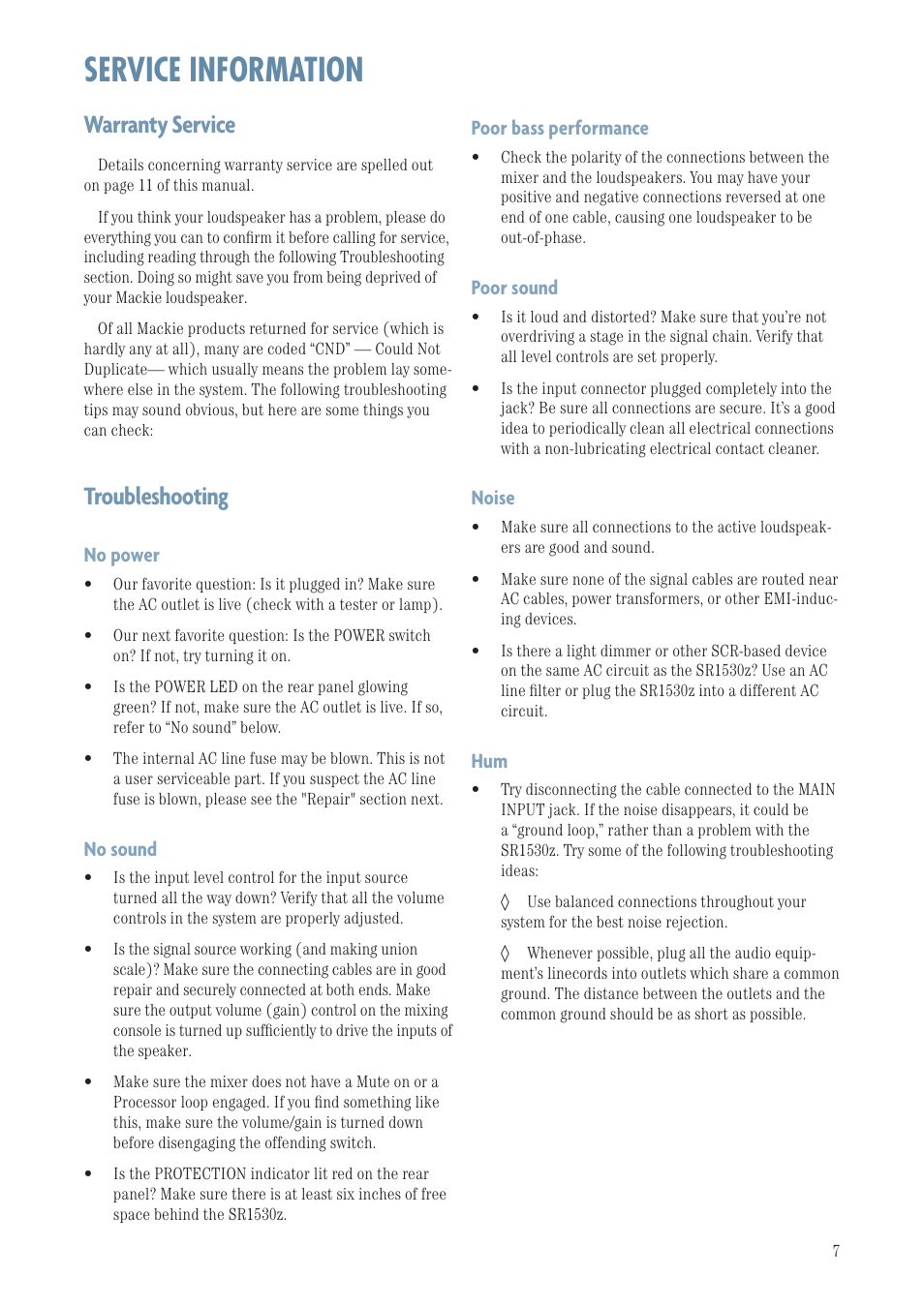 Service information, Warranty service, Troubleshooting | Warranty service troubleshooting, Poor bass performance, Poor sound, Noise, No power, No sound | MACKIE SR1530Z User Manual | Page 7 / 12