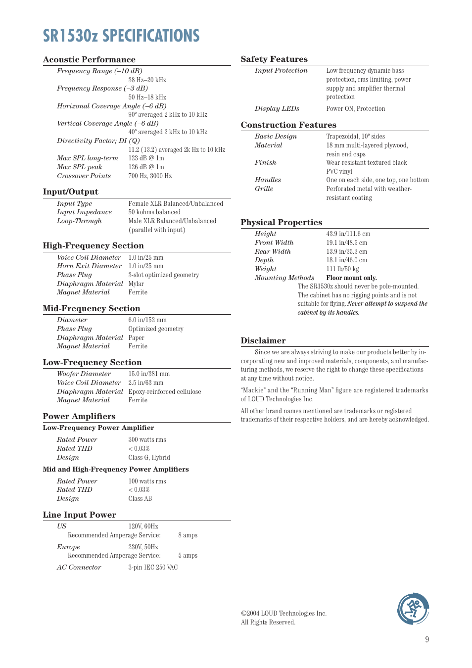 Sr1530z specifications | MACKIE SR1530Z User Manual | Page 9 / 12