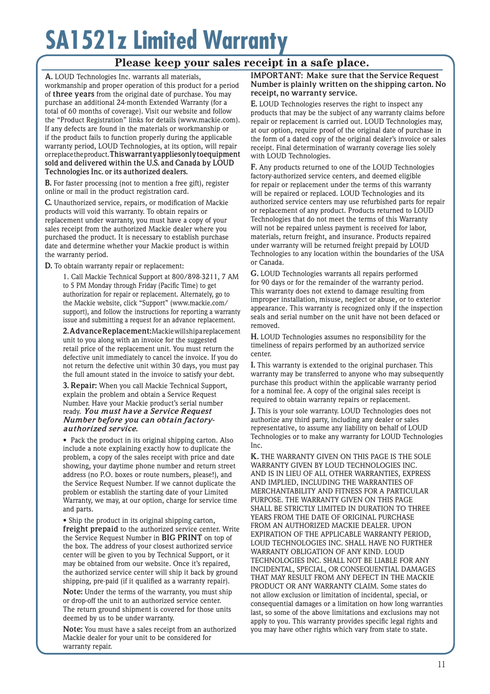 Sa1521z limited warranty, Please keep your sales receipt in a safe place | MACKIE SA1521Z User Manual | Page 11 / 12