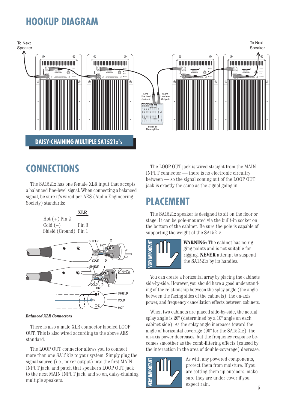 Hookup diagram, Connections, Placement | Daisy-chaining multiple sa1521z, Balanced xlr connectors, Parallel, 1202-vlz pro | MACKIE SA1521Z User Manual | Page 5 / 12