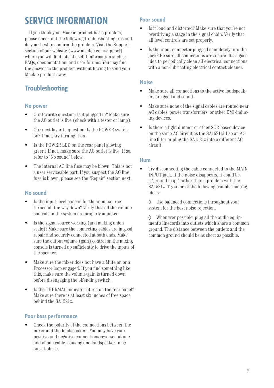 Service information, Troubleshooting, Poor sound | Noise, No power, No sound, Poor bass performance | MACKIE SA1521Z User Manual | Page 7 / 12