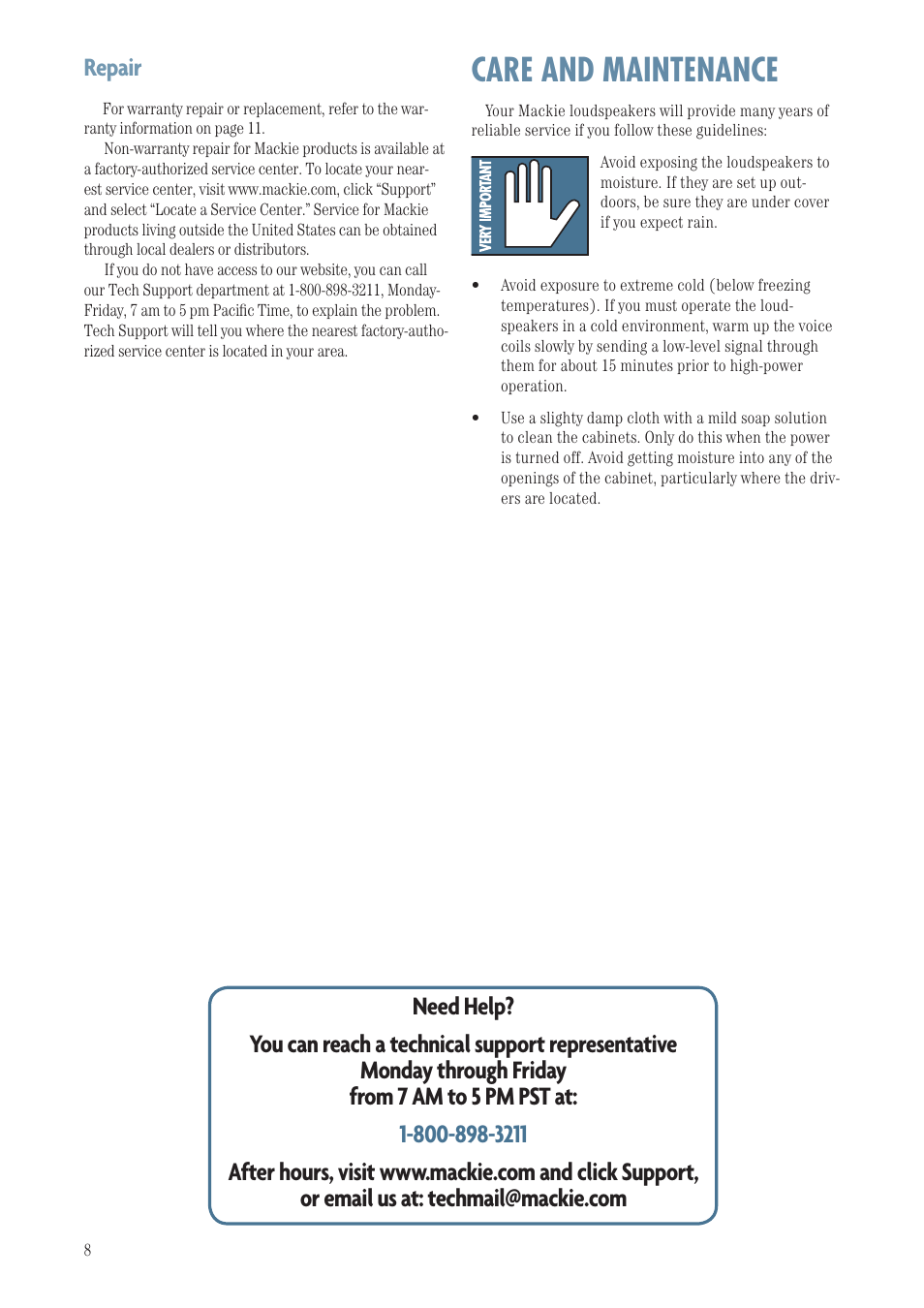 Care and maintenance, Repair | MACKIE SA1521Z User Manual | Page 8 / 12
