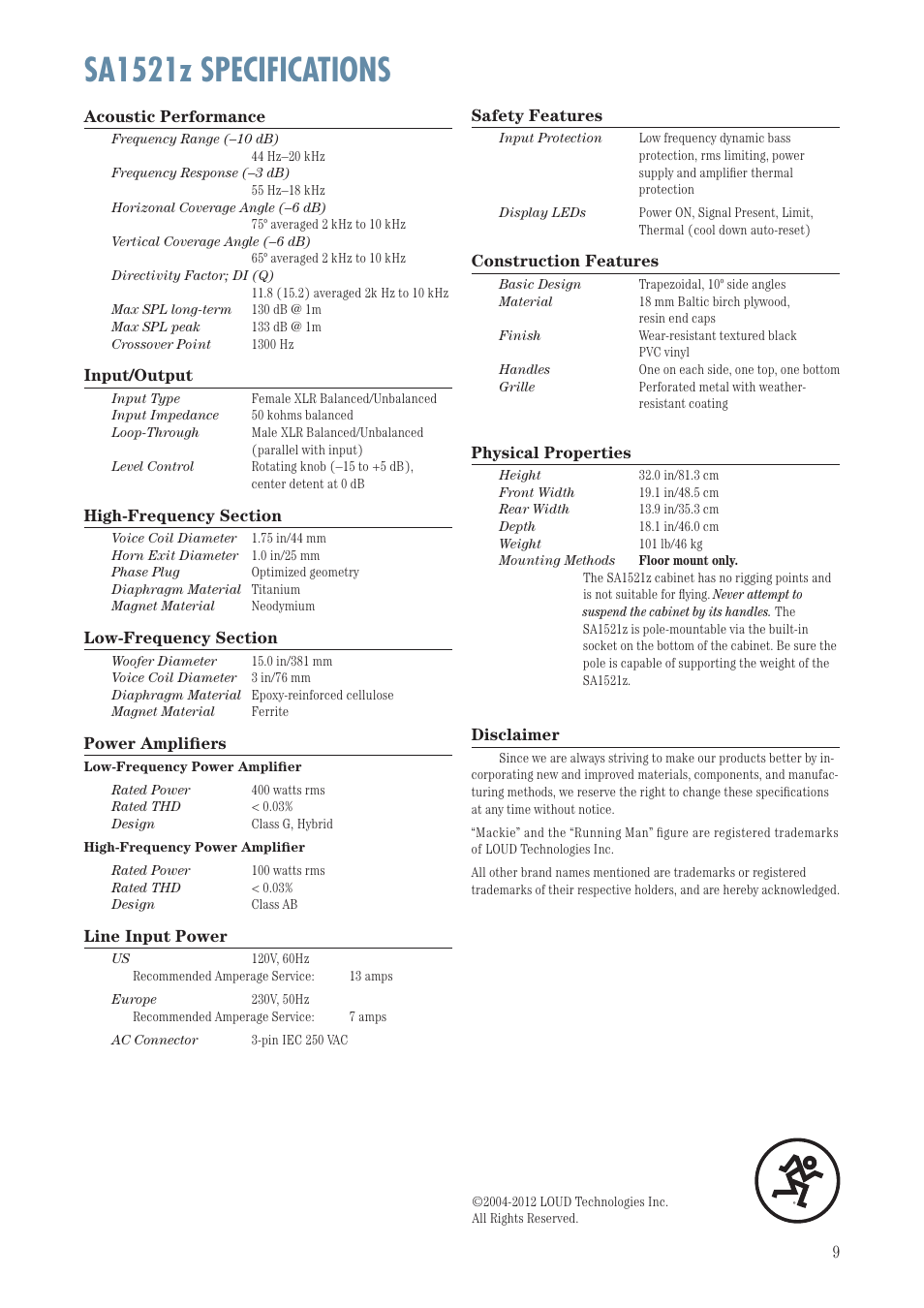 Sa1521z specifications | MACKIE SA1521Z User Manual | Page 9 / 12