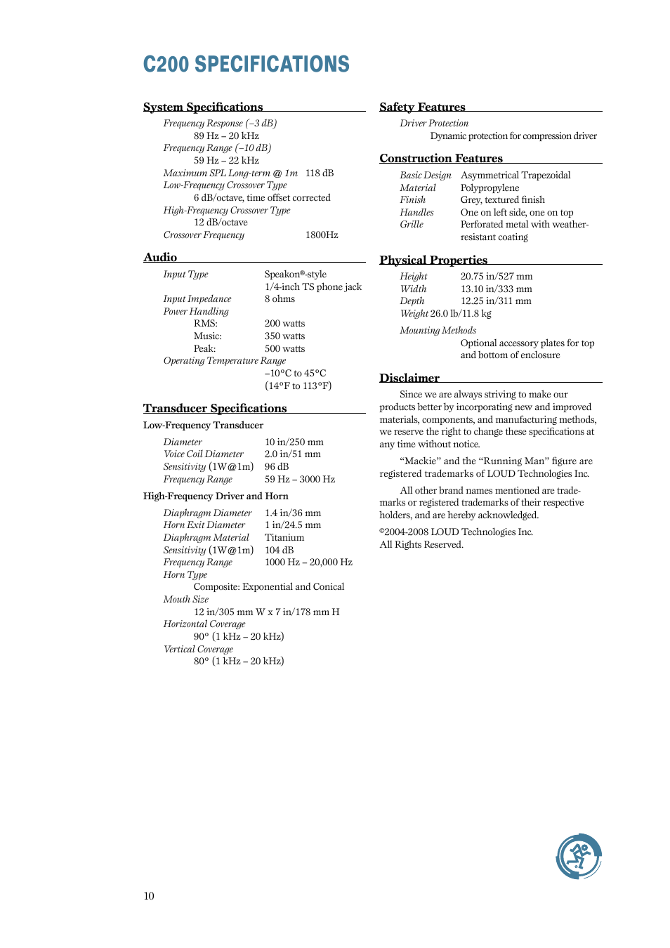 C200 specifications, C200.specifications | MACKIE C200 User Manual | Page 10 / 12