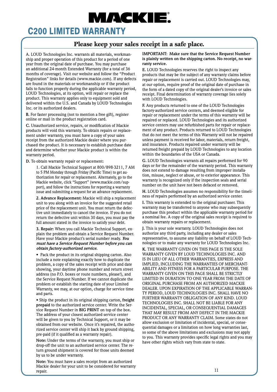 C200 limited warranty, C200.limited.warranty, Please keep your sales receipt in a safe place | MACKIE C200 User Manual | Page 11 / 12
