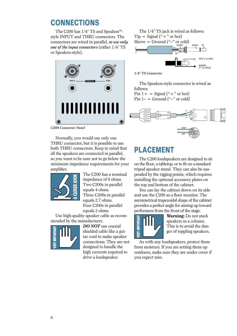 Connections, Placement | MACKIE C200 User Manual | Page 6 / 12