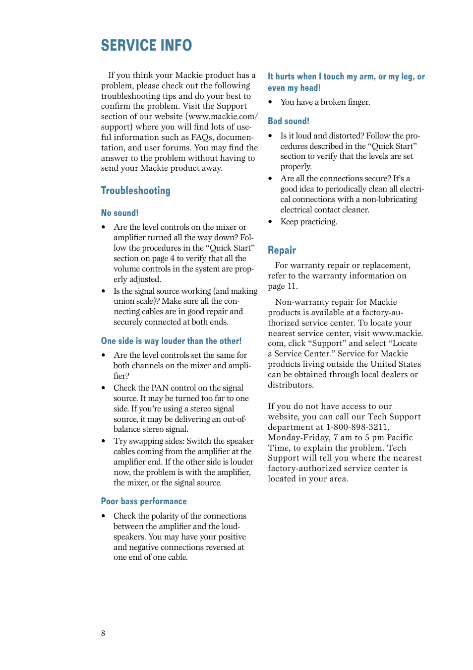 Service info, Troubleshooting, Repair | Service.info | MACKIE C200 User Manual | Page 8 / 12