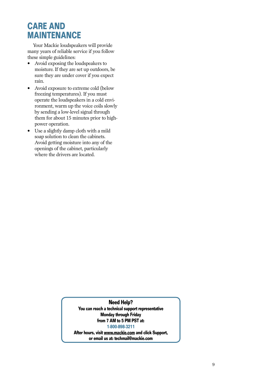 Care and maintenance, Care.and.maintenance, Care.and. maintenance | MACKIE C200 User Manual | Page 9 / 12