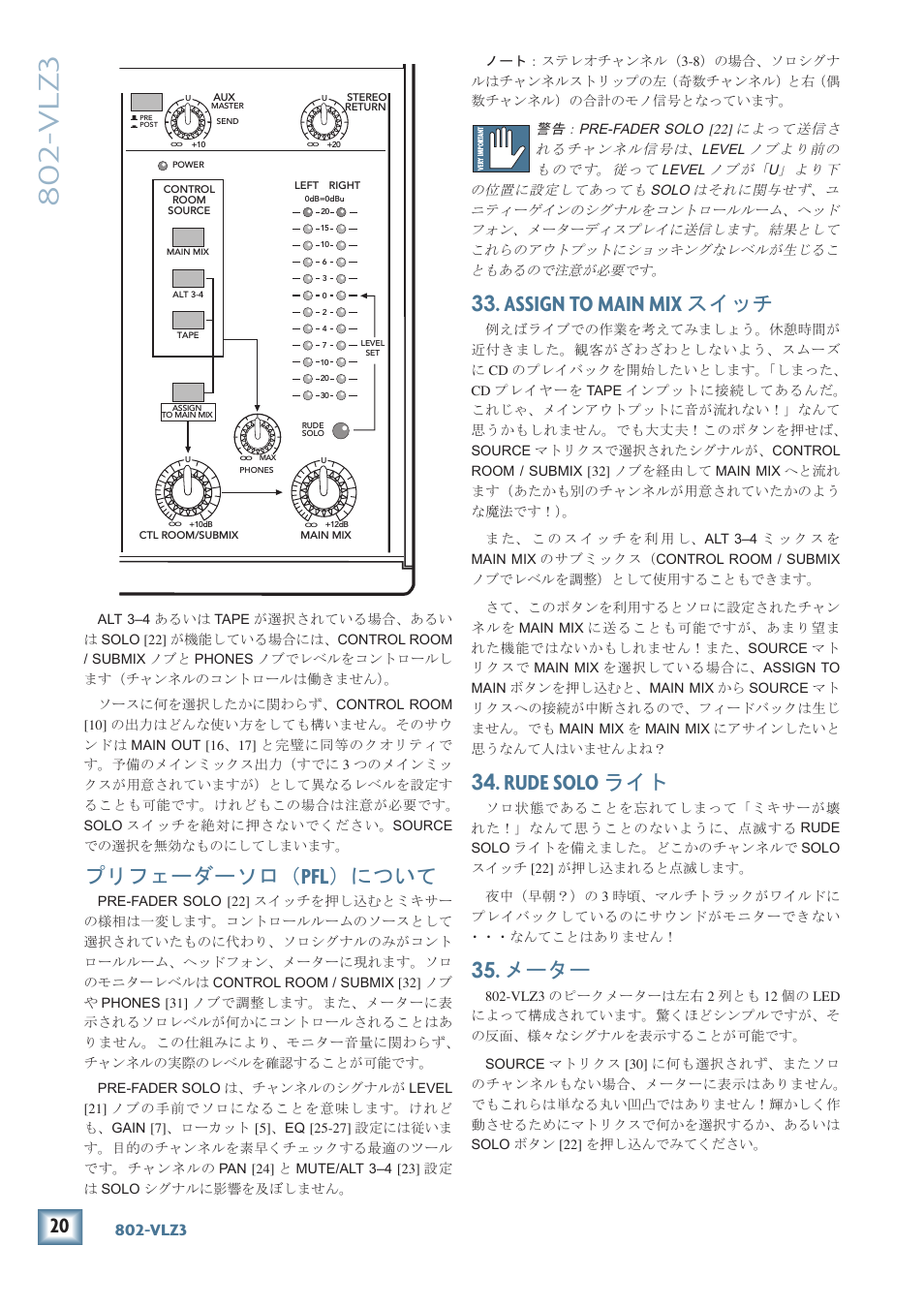 Assign to main mix スイッチ, Rude solo ライト, メーター | Vlz3, Assign to main mix, Rude solo, プリフェーダーソロ, について, スイッチ, 80-vlz3 | MACKIE 802-VLZ3 User Manual | Page 20 / 28