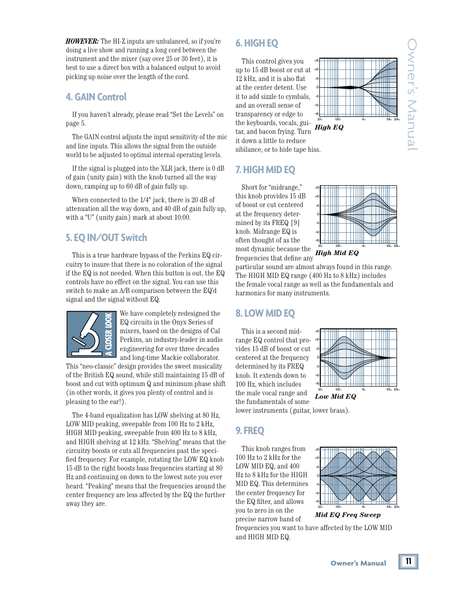 Gain control, Eq in/out switch, High eq | High mid eq, Low mid eq, Freq, Owner ’s manual, Owner’s manual | MACKIE 1640 User Manual | Page 11 / 36