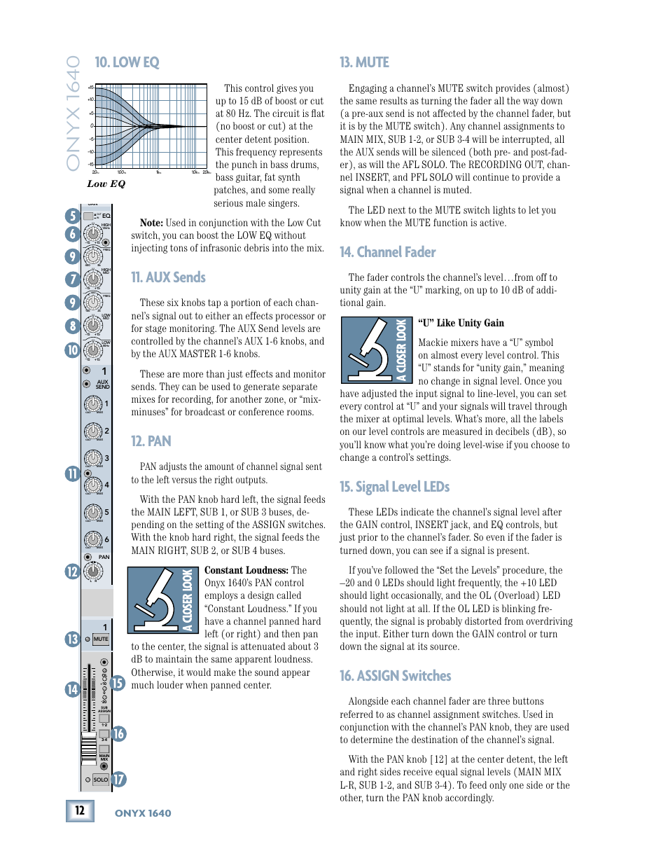 Low eq, Aux sends, Mute | Channel fader, Signal level leds, Assign switches, Onyx 1640 | MACKIE 1640 User Manual | Page 12 / 36
