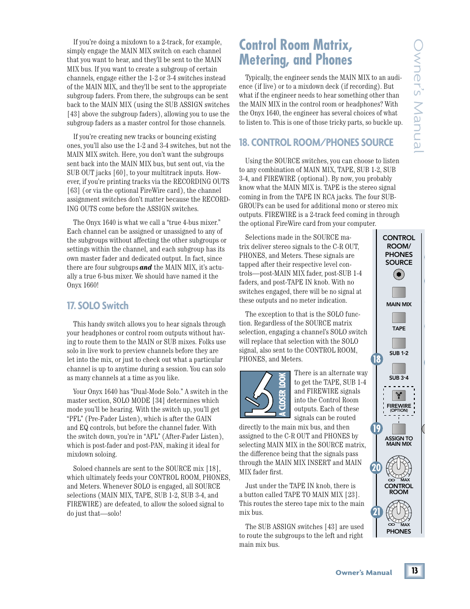 Solo switch, Control room matrix, metering, and phones, Control room/phones source | Owner ’s manual | MACKIE 1640 User Manual | Page 13 / 36