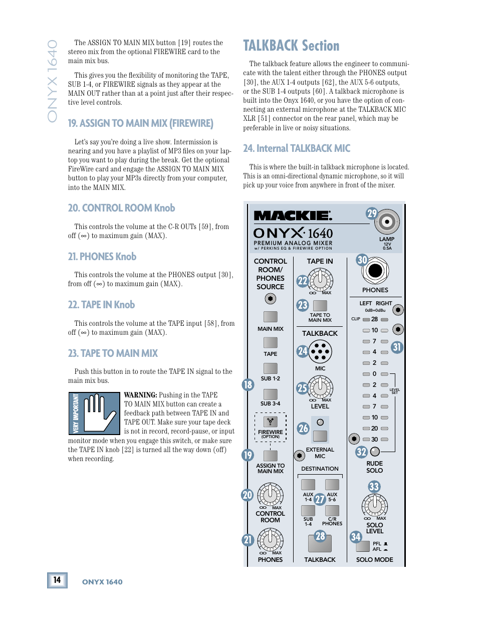 Assign to main mix (firewire), Control room knob, Phones knob | Tape in knob, Tape to main mix, Talkback section, Internal talkback mic, Onyx 1640 | MACKIE 1640 User Manual | Page 14 / 36