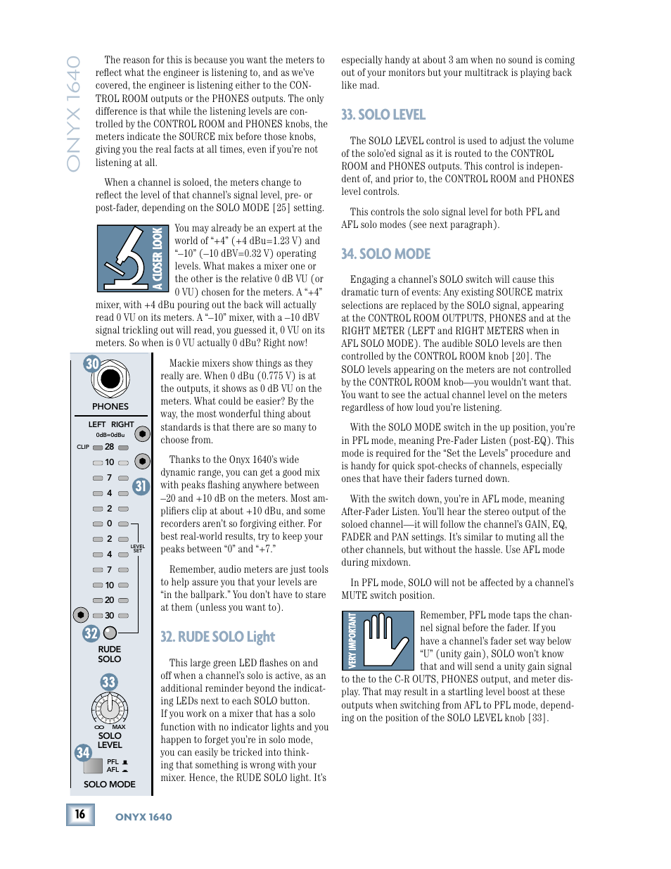 Rude solo light, Solo level, Solo mode | Onyx 1640 | MACKIE 1640 User Manual | Page 16 / 36