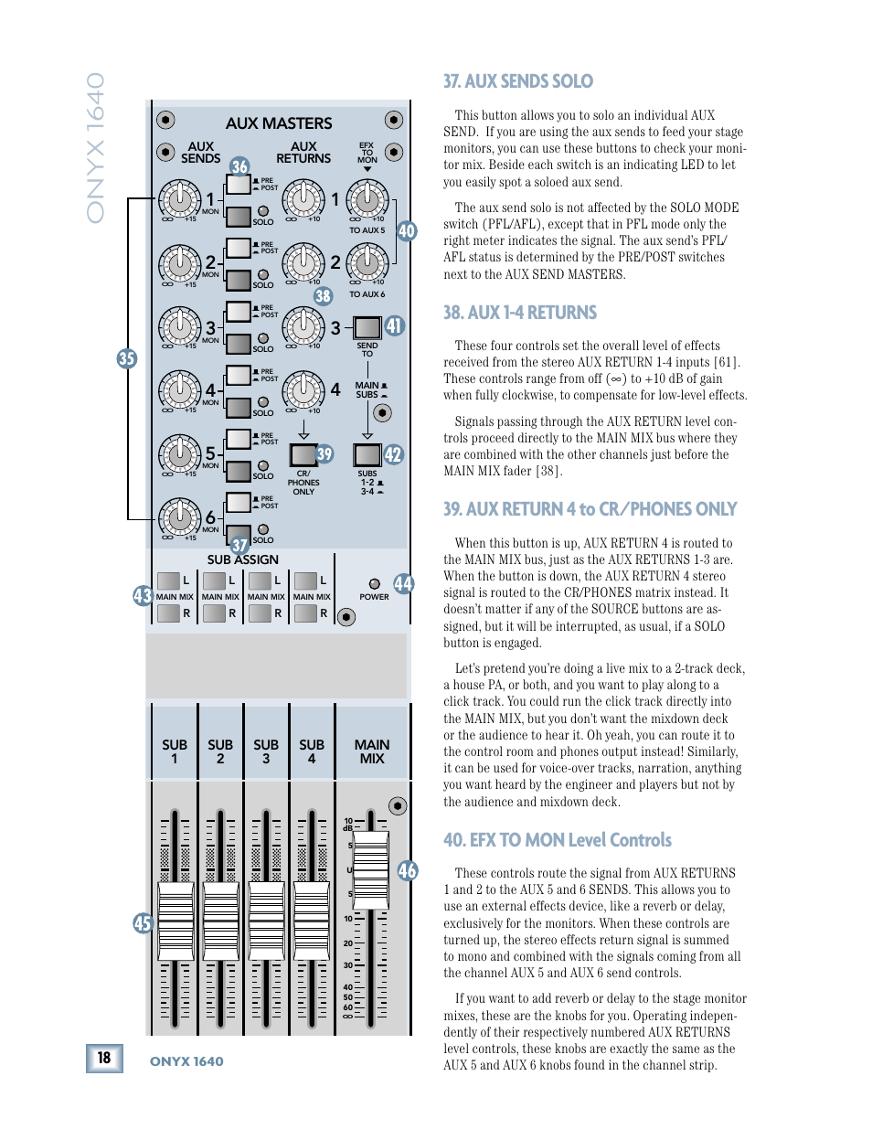 Aux sends solo, Aux 1-4 returns, Aux return 4 to cr/phones only | Efx to mon level controls, Aux masters, Onyx 1640, Main mix sub 1 sub 2 sub 3 sub 4 | MACKIE 1640 User Manual | Page 18 / 36
