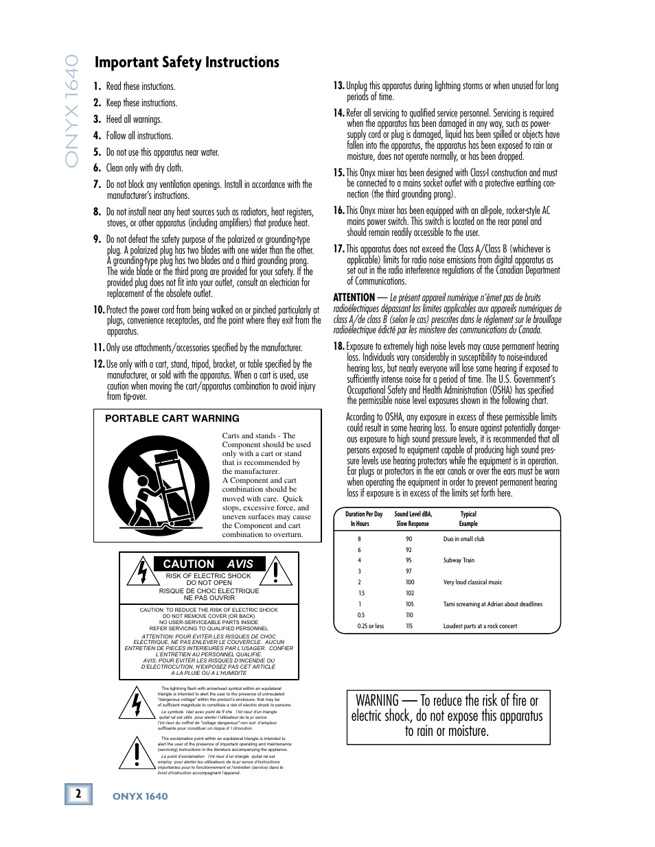 Safety instructions, Onyx 1640, Important safety instructions | Caution avis | MACKIE 1640 User Manual | Page 2 / 36