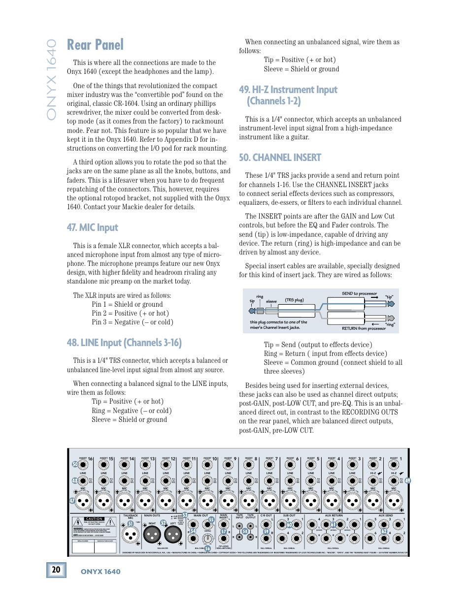 Rear panel, Mic input, Line input (channels 3-16) | Hi-z instrument input (channels 1-2), Channel insert, Onyx 1640 | MACKIE 1640 User Manual | Page 20 / 36