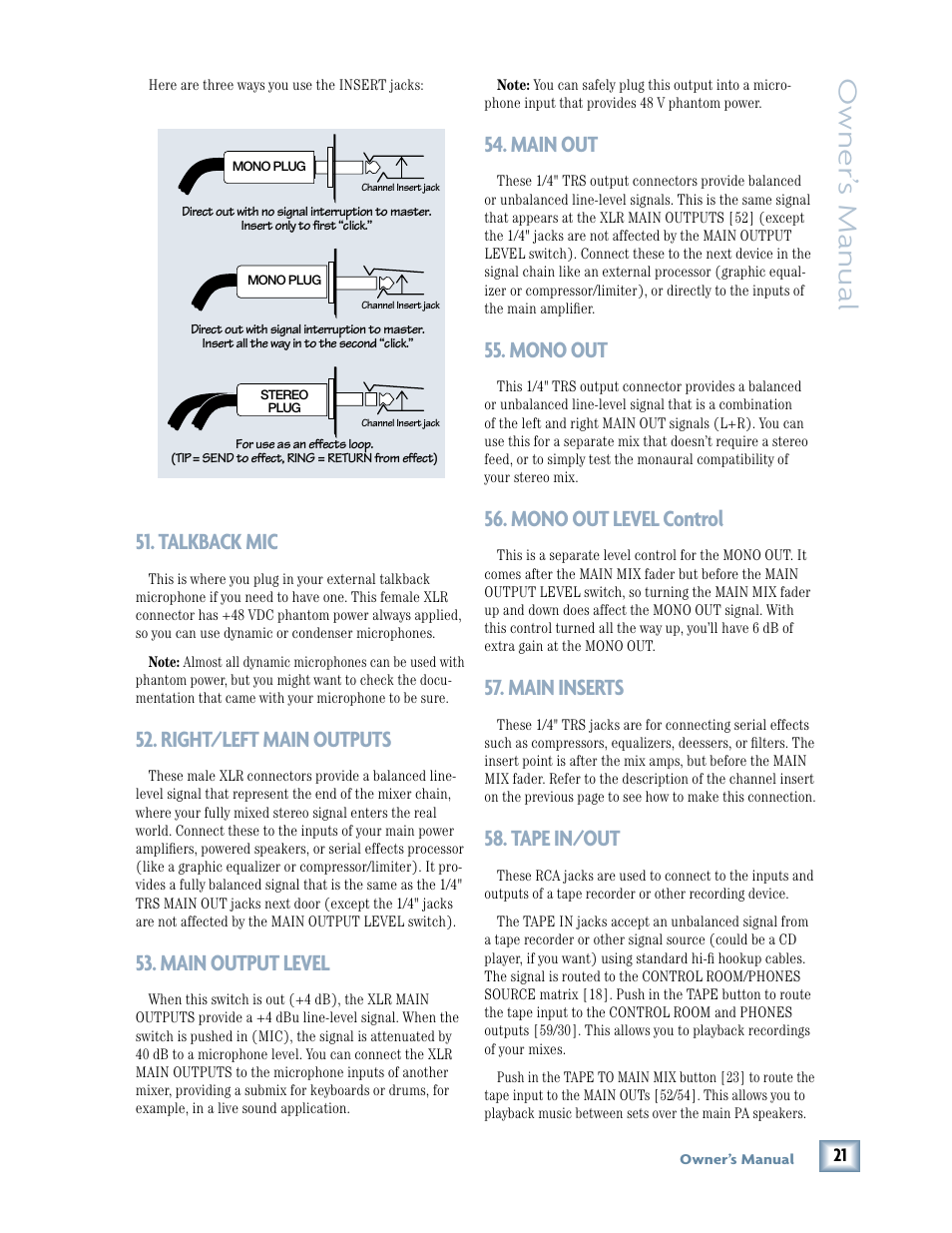 Talkback mic, Right/left main outputs, Main output level | Main out, Mono out, Mono out level control, Main inserts, Tape in/out, Owner ’s manual | MACKIE 1640 User Manual | Page 21 / 36