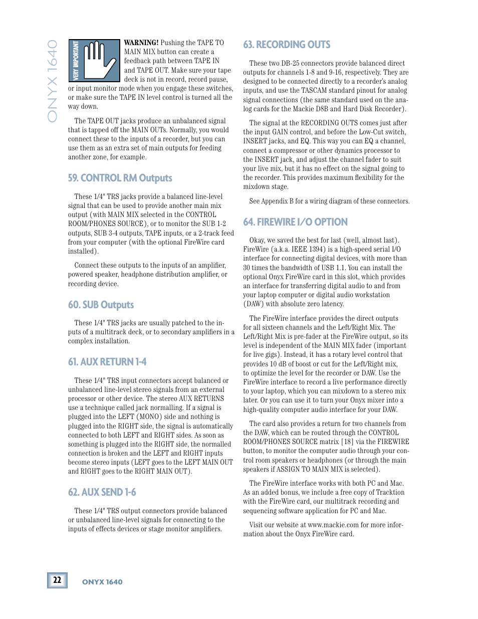 Control rm outputs, Sub outputs, Aux returns 1-4 | Aux send 1-6, Recording outs, Firewire i/o option, Onyx 1640, Aux return 1-4 | MACKIE 1640 User Manual | Page 22 / 36