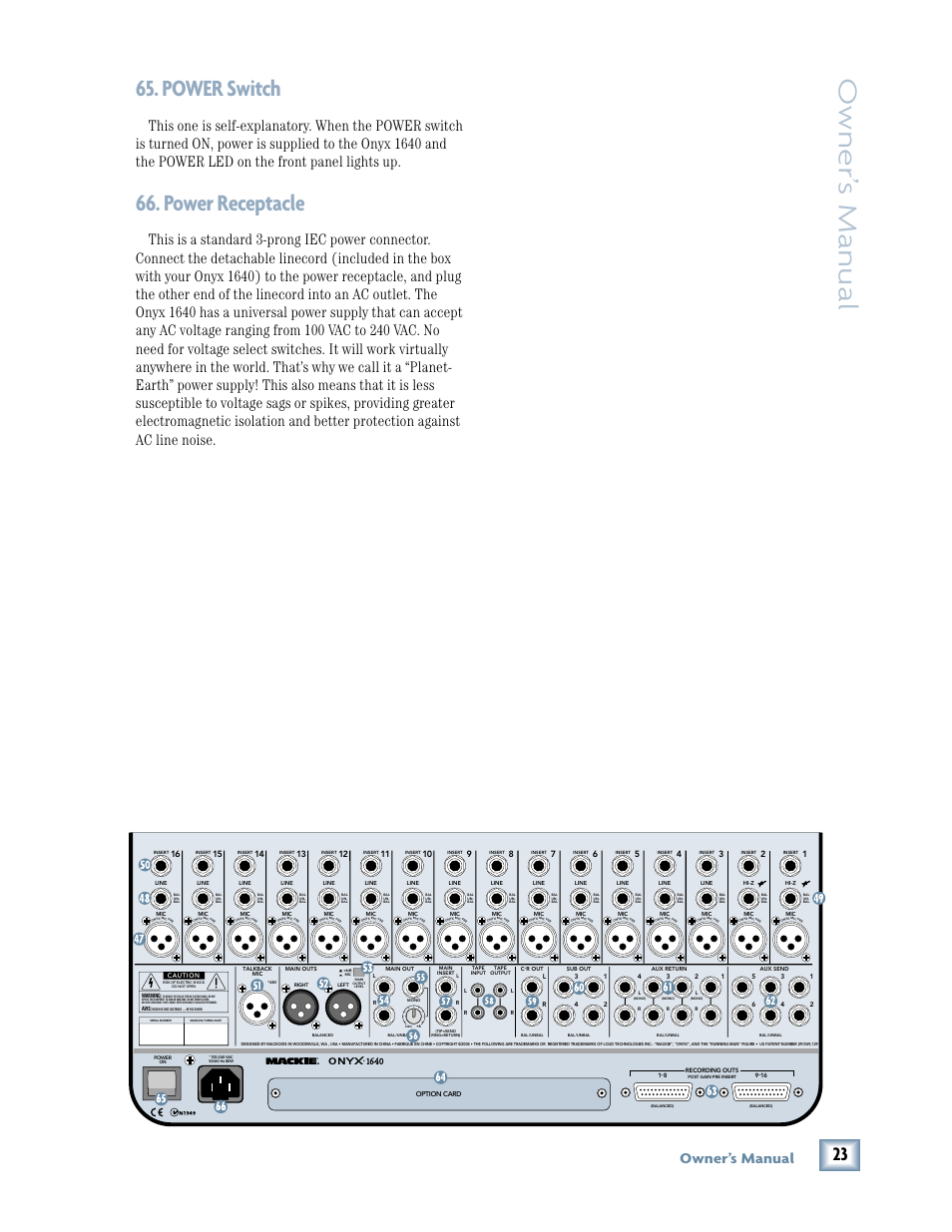 Power switch, Power receptacle, Owner ’s manual | Owner’s manual | MACKIE 1640 User Manual | Page 23 / 36