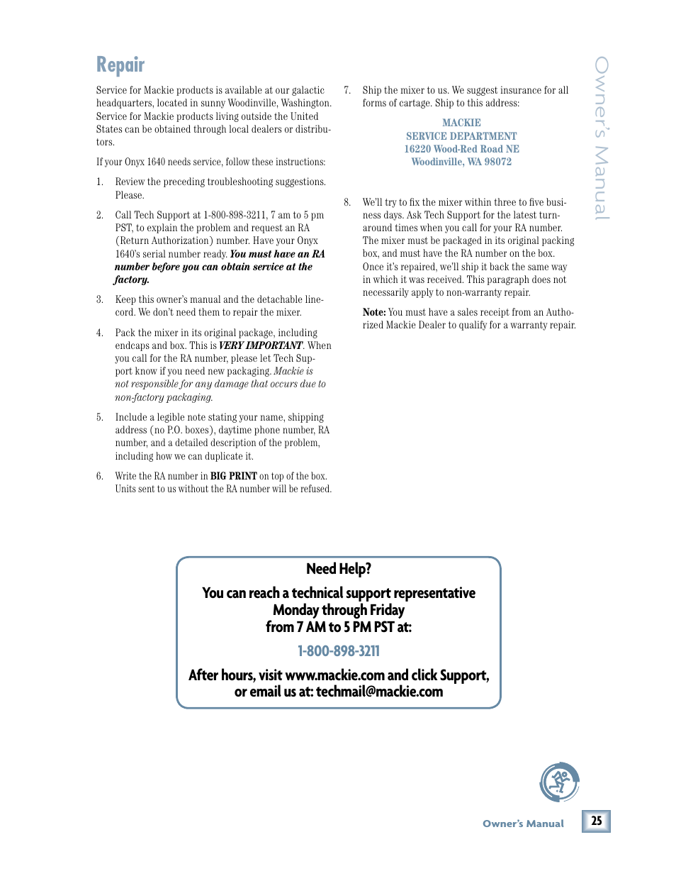 Repair, Owner ’s manual | MACKIE 1640 User Manual | Page 25 / 36