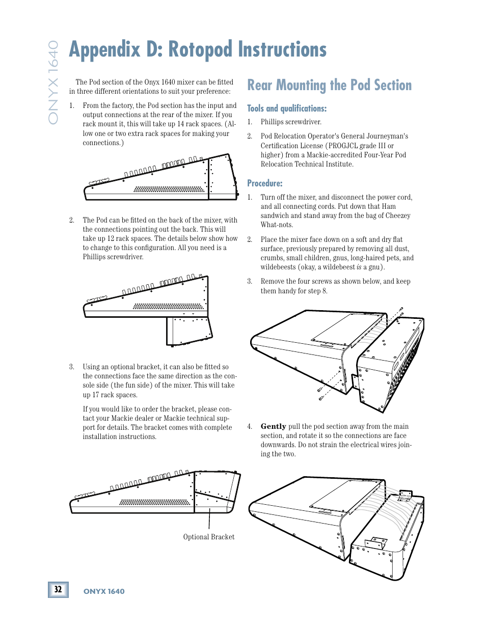 Appendix d: rotopod instructions, Rear mounting the pod section, Onyx 1640 | MACKIE 1640 User Manual | Page 32 / 36