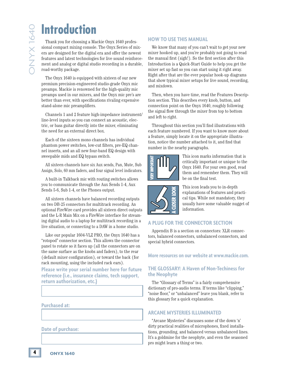 Introduction, Onyx 1640 | MACKIE 1640 User Manual | Page 4 / 36