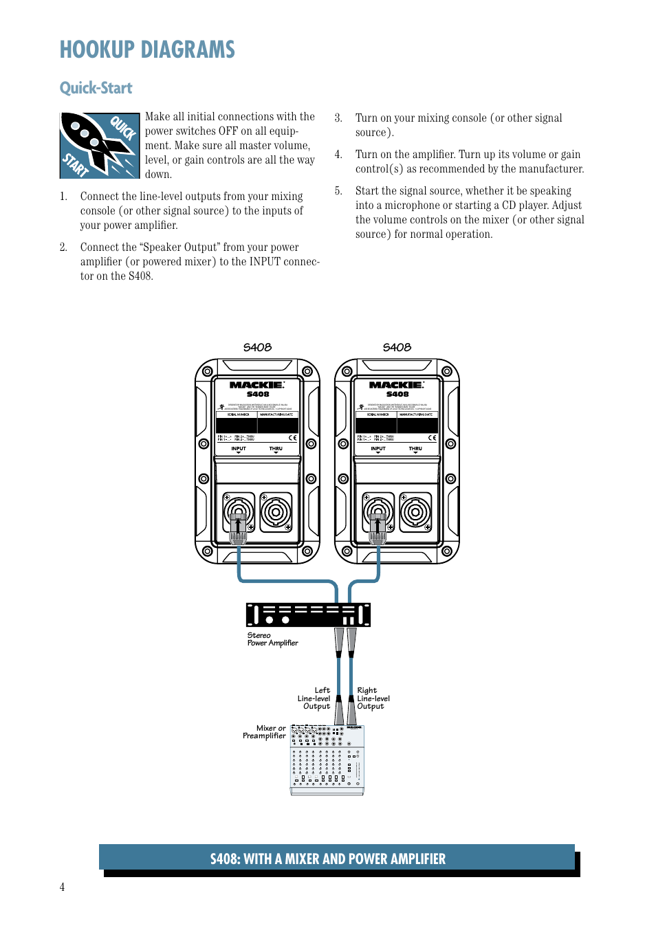 Hookup diagrams, Quick-start, S408: with a mixer and power amplifier | S408 | MACKIE S408 User Manual | Page 4 / 12