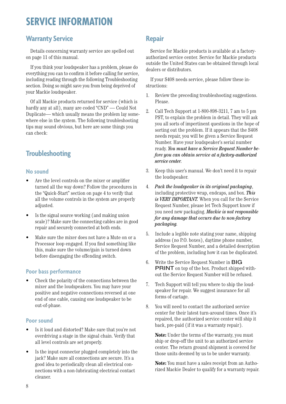 Service information, Warranty service, Troubleshooting | Repair, Warranty service troubleshooting repair, No sound, Poor bass performance, Poor sound | MACKIE S408 User Manual | Page 8 / 12