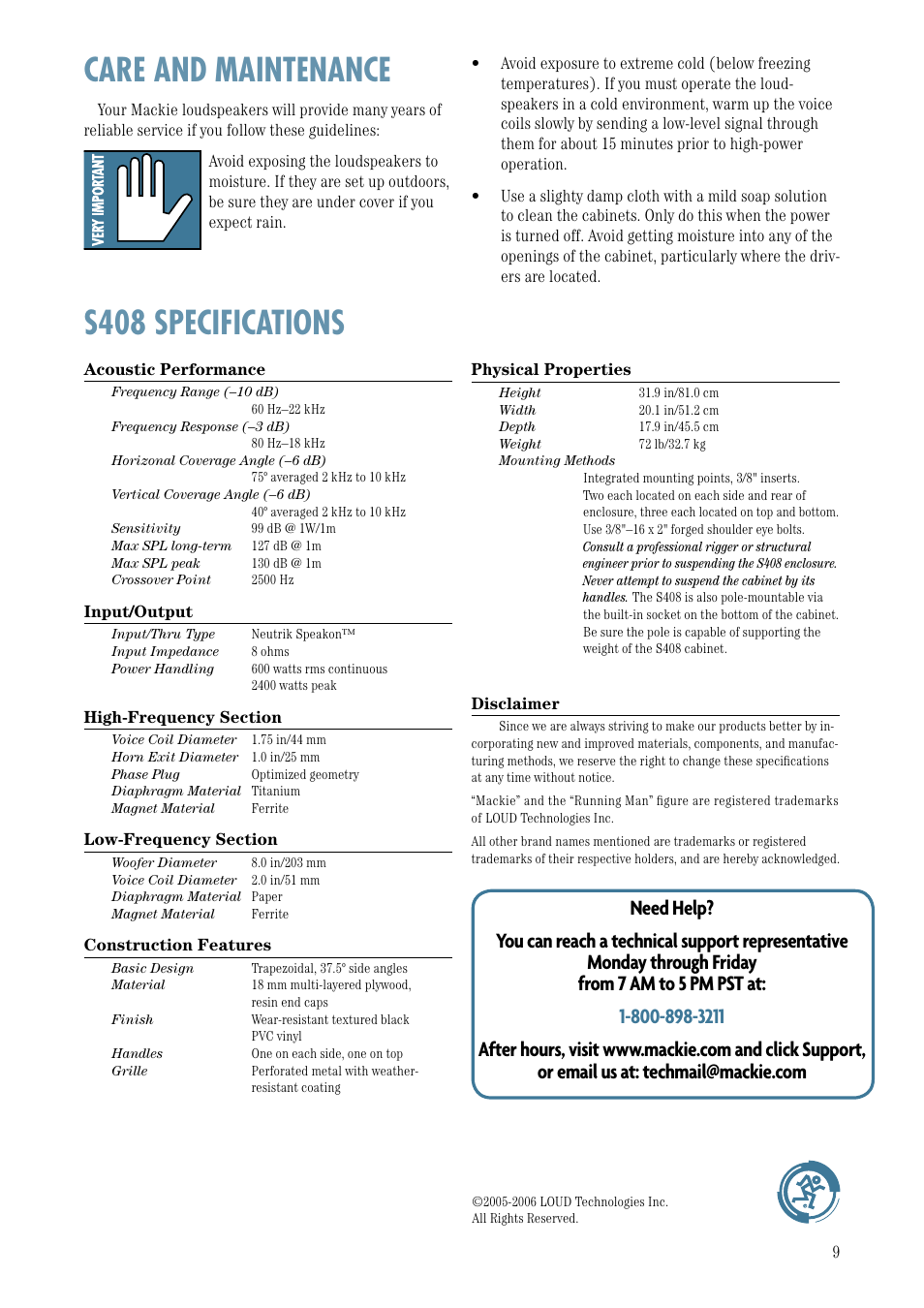 Care and maintenance, S408 specifications, Care and maintenance s408 specifications | MACKIE S408 User Manual | Page 9 / 12
