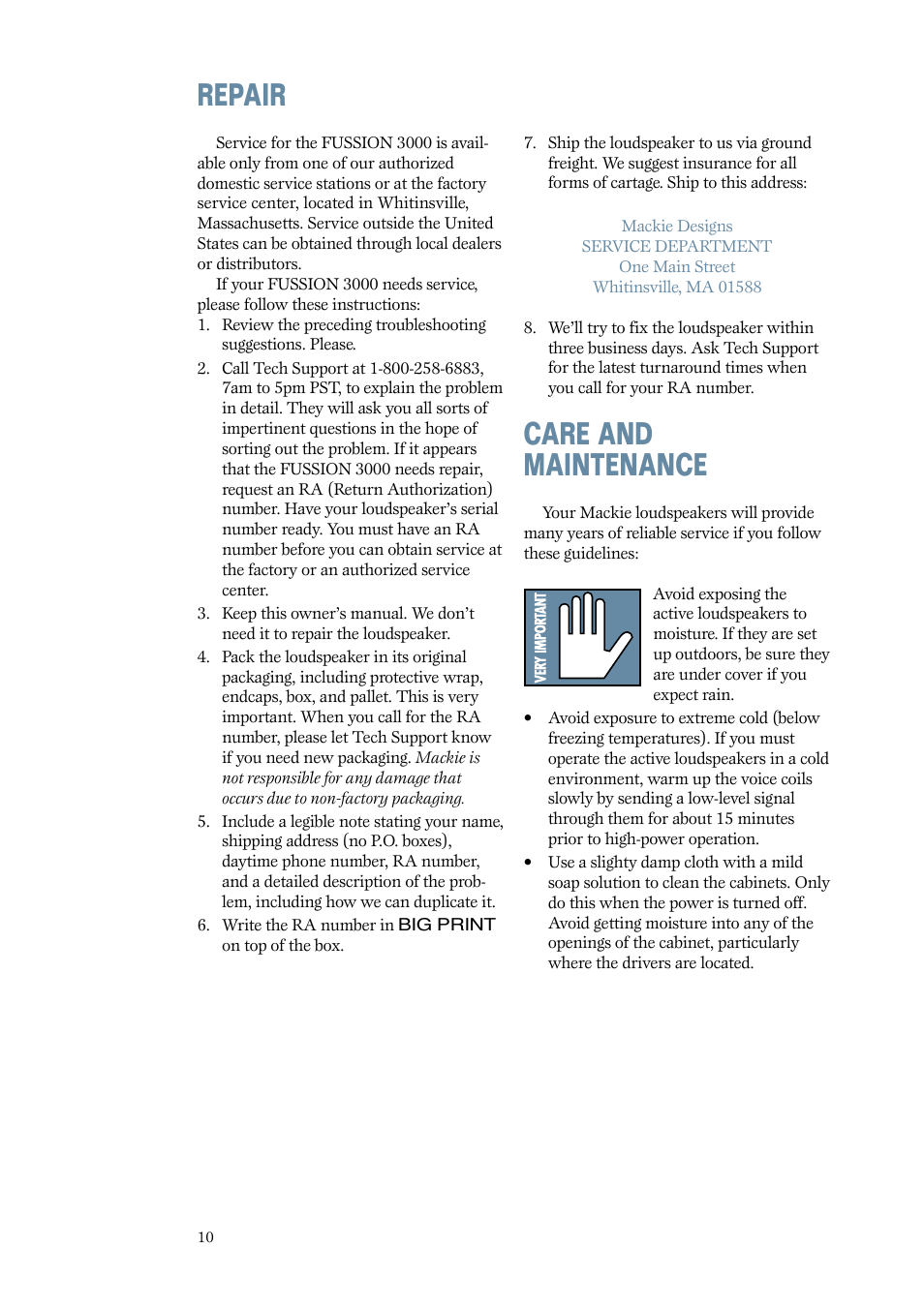 Repair, Care and maintenance | MACKIE 3000 User Manual | Page 10 / 12