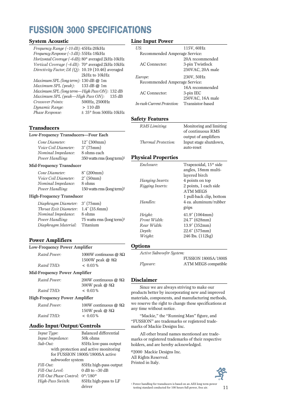 Fussion 3000 specifications | MACKIE 3000 User Manual | Page 11 / 12