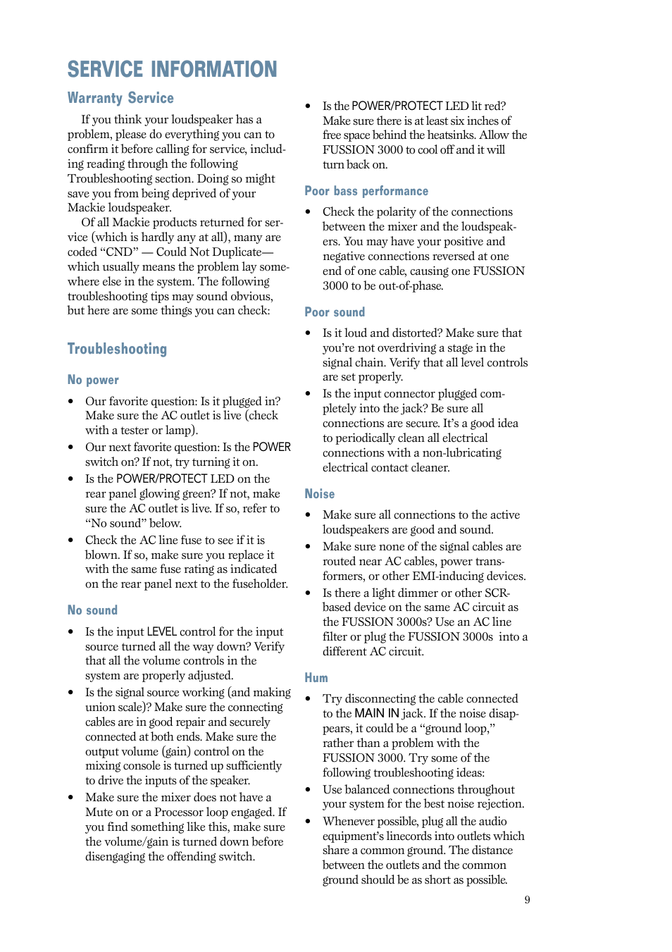 Service information, Warranty service, Troubleshooting | MACKIE 3000 User Manual | Page 9 / 12