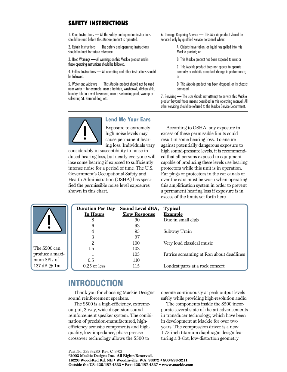 Introduction, Lend me your ears, Safety instructions | MACKIE S500 User Manual | Page 2 / 4