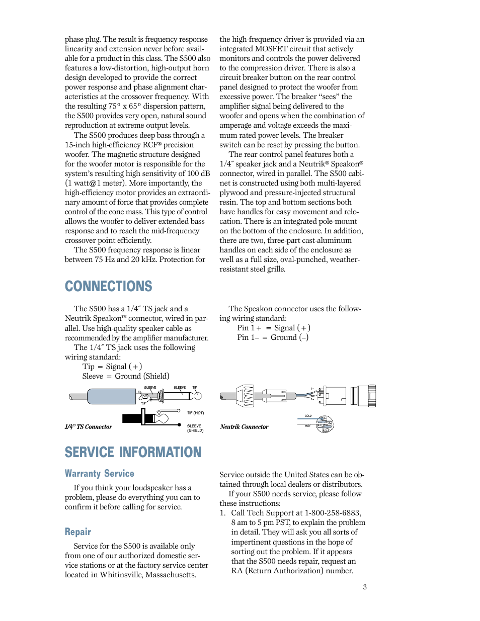 Connections, Service information, Warranty service | Repair | MACKIE S500 User Manual | Page 3 / 4