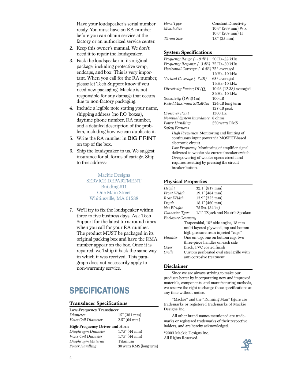 Specifications | MACKIE S500 User Manual | Page 4 / 4