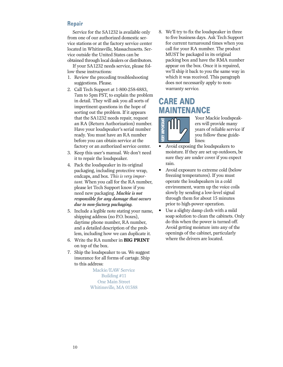 Repair, Care and maintenance | MACKIE SA1232 User Manual | Page 10 / 16