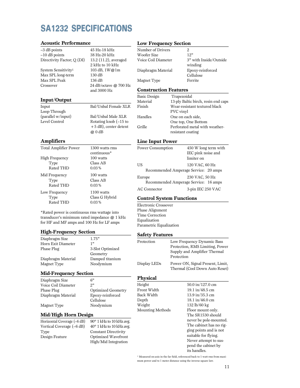 Sa1232 specifications | MACKIE SA1232 User Manual | Page 11 / 16