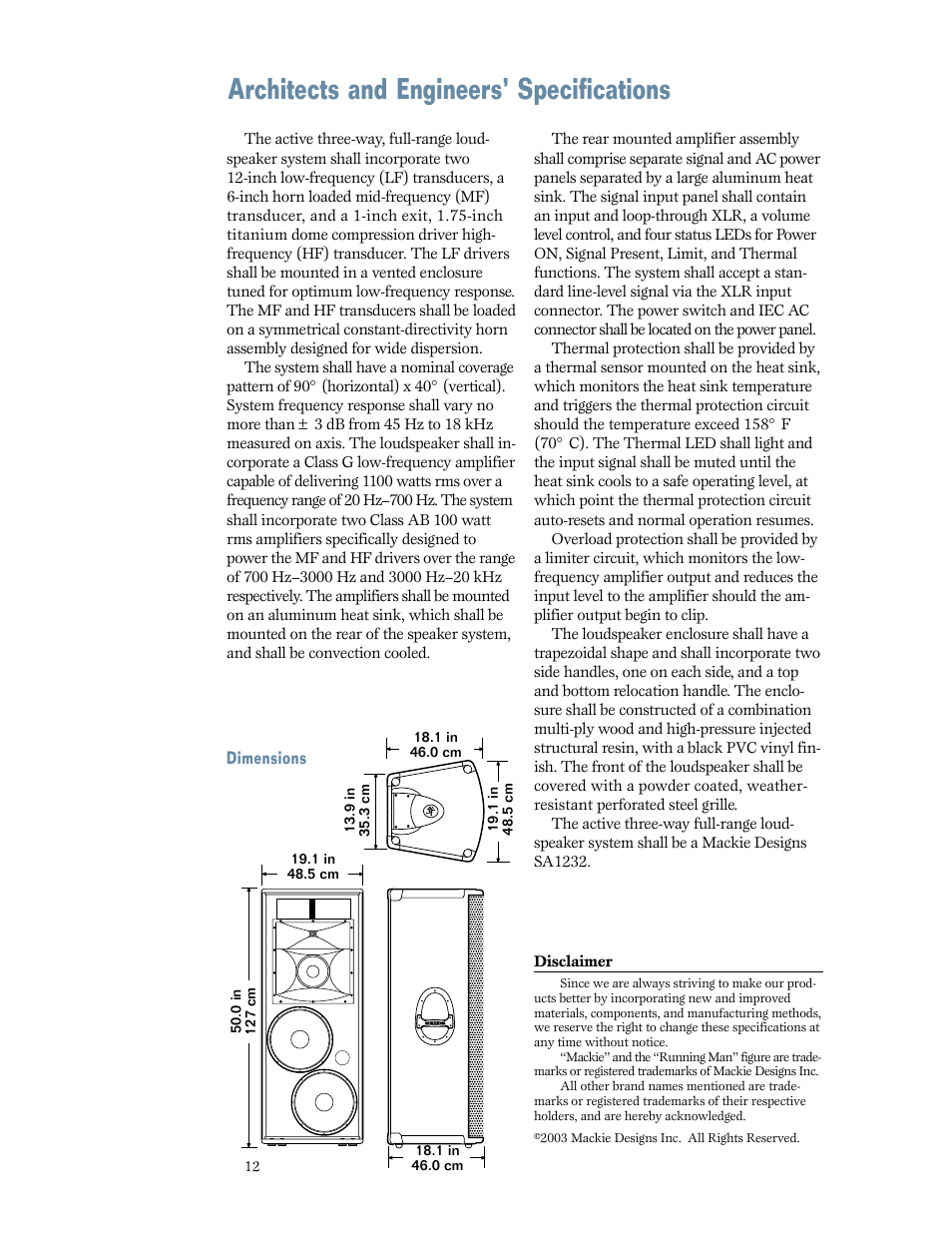Architects and engineers’ specifications | MACKIE SA1232 User Manual | Page 12 / 16