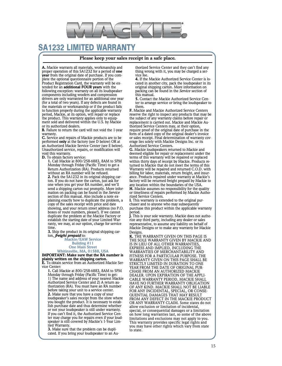 Sa1232 limited warranty | MACKIE SA1232 User Manual | Page 15 / 16