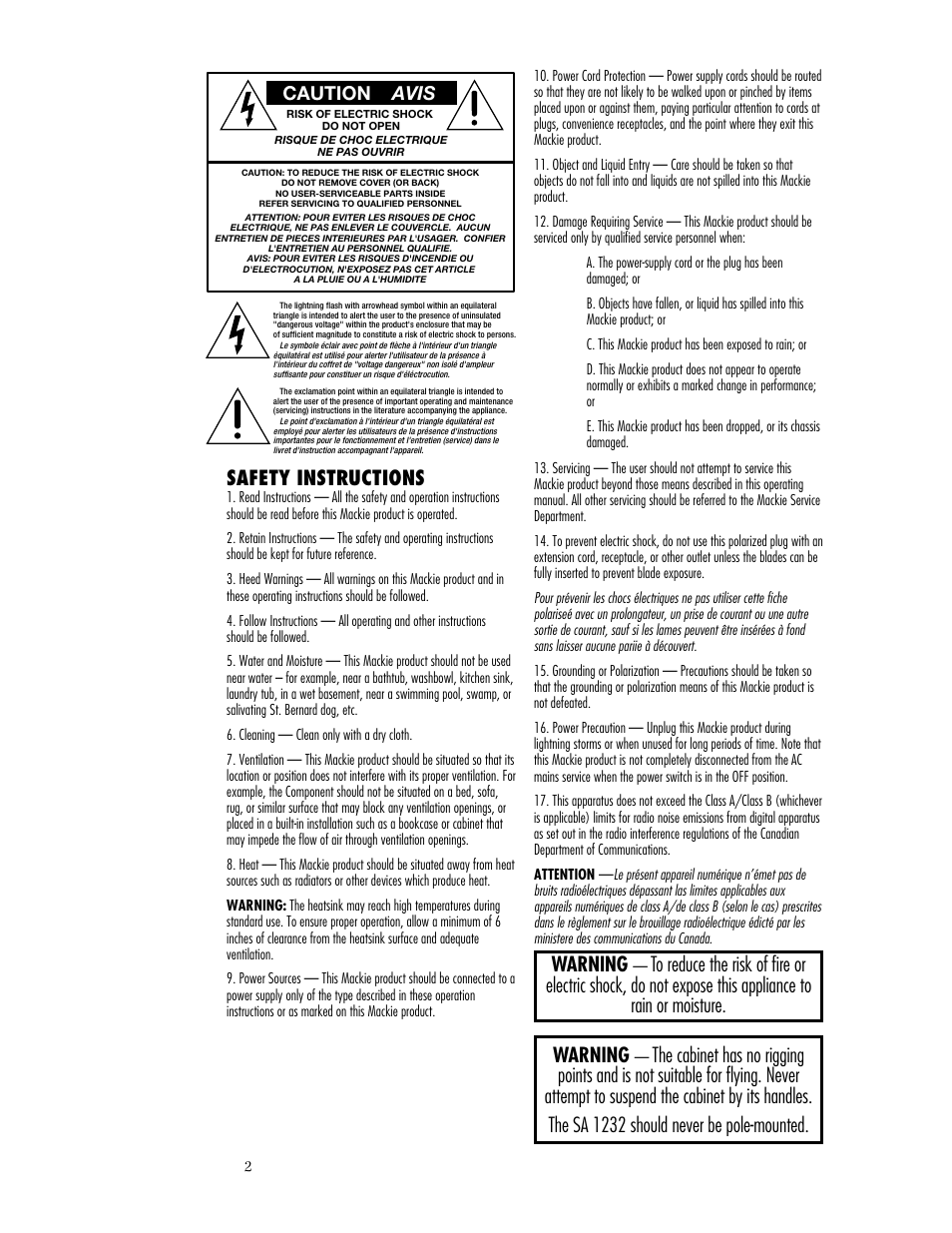 Safety instructions, Warning, Caution avis | MACKIE SA1232 User Manual | Page 2 / 16