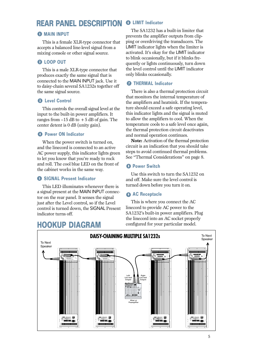 Rear panel description, Hookup diagram, Rear panel description hookup diagram | Daisy-chaining multiple sa1232s | MACKIE SA1232 User Manual | Page 5 / 16