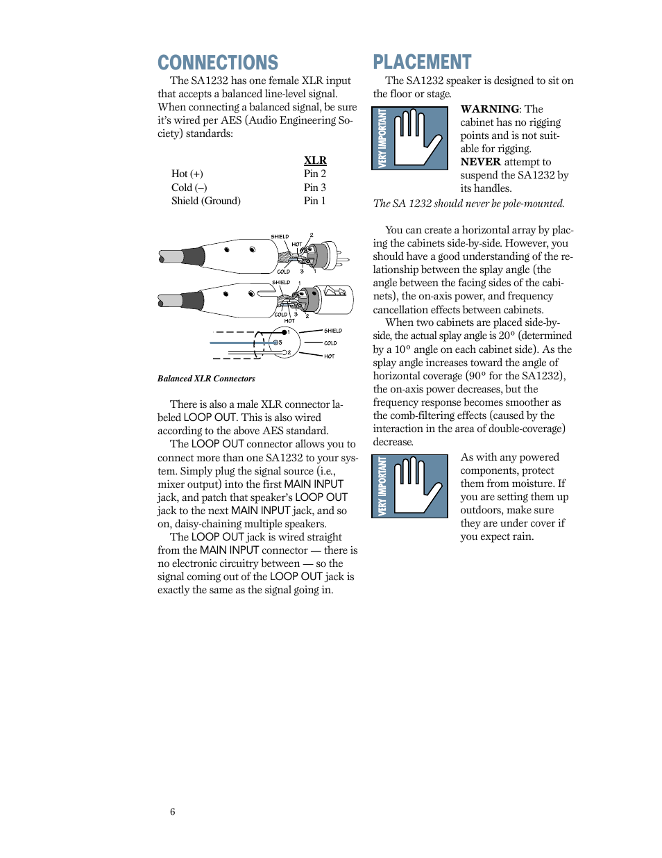 Connections, Placement, Connections placement | MACKIE SA1232 User Manual | Page 6 / 16