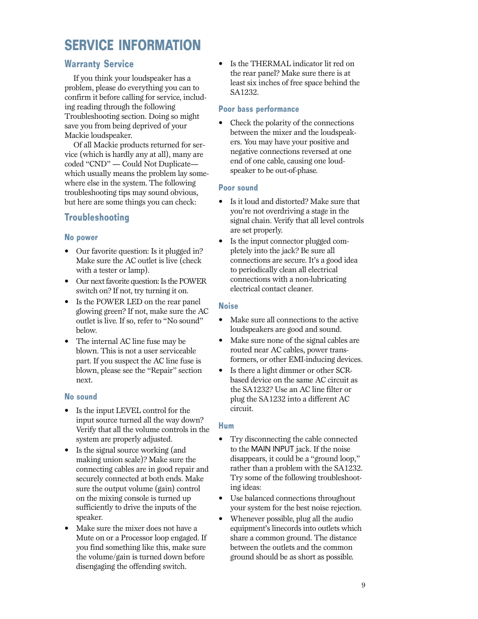 Service information, Warranty service, Troubleshooting | Warranty service troubleshooting | MACKIE SA1232 User Manual | Page 9 / 16