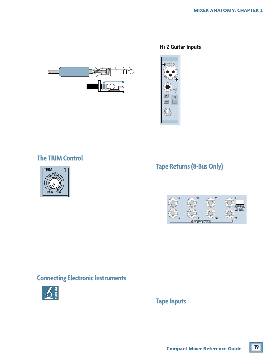 The trim control, Connecting electronic instruments, Tape returns (8-bus only) | Tape inputs, Hi-z guitar inputs | MACKIE Compact Mixer User Manual | Page 3 / 14