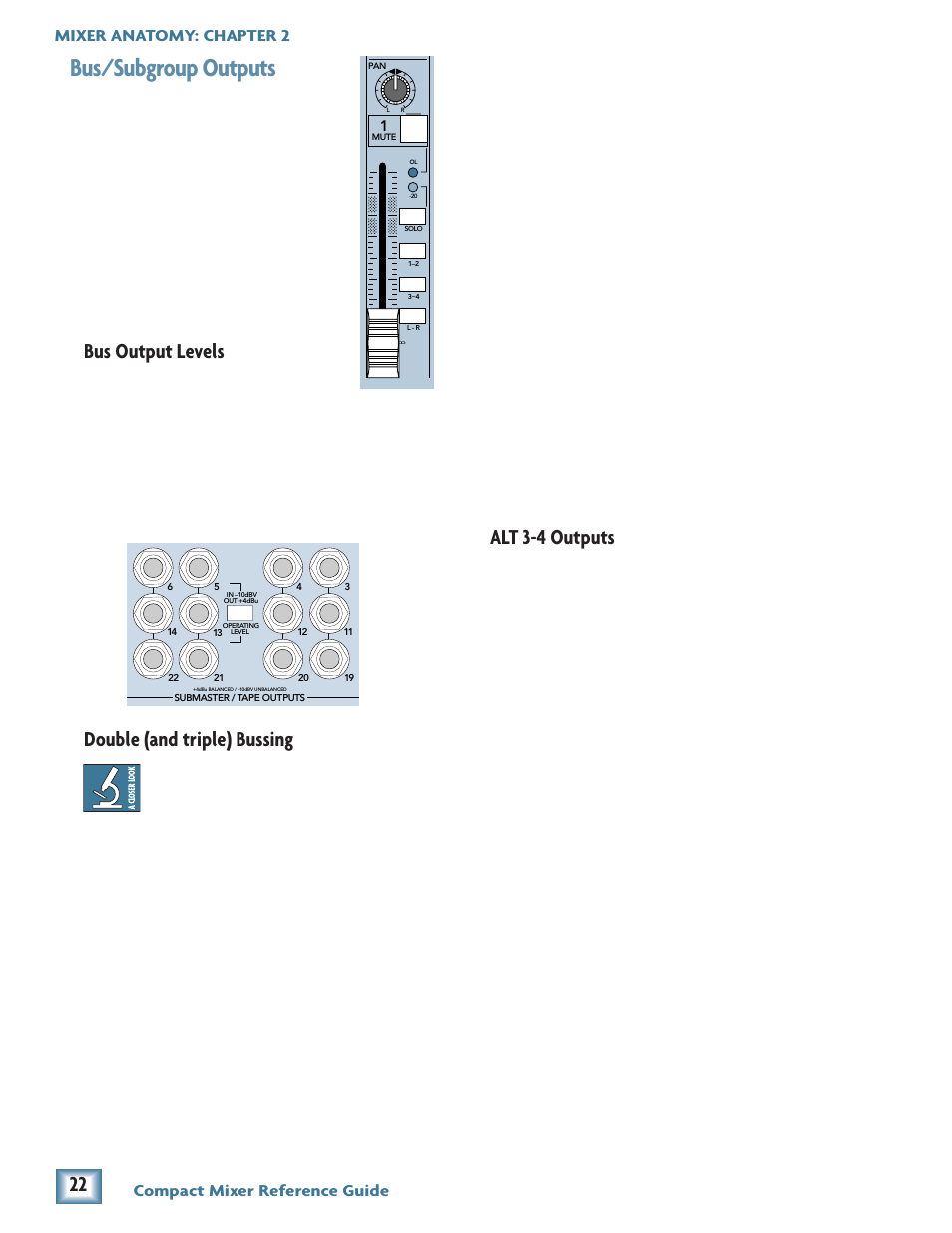 Bus/subgroup outputs, Bus output levels, Double (and triple) bussing | Alt 3-4 outputs | MACKIE Compact Mixer User Manual | Page 6 / 14