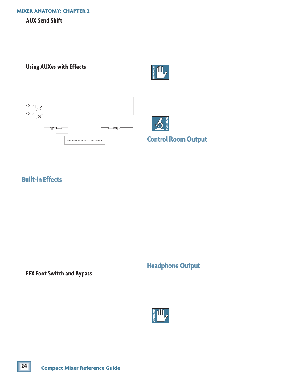 Built-in effects, Control room output, Headphone output | Aux send shift, Using auxes with effects, Efx foot switch and bypass | MACKIE Compact Mixer User Manual | Page 8 / 14