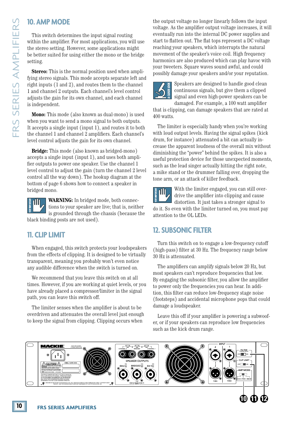 Amp mode, Clip limit, Subsonic filter | Amp mode 11. clip limit 12. subsonic filter, 1. subsonic filter, Frs series amplifiers | MACKIE FRS1300 User Manual | Page 10 / 20