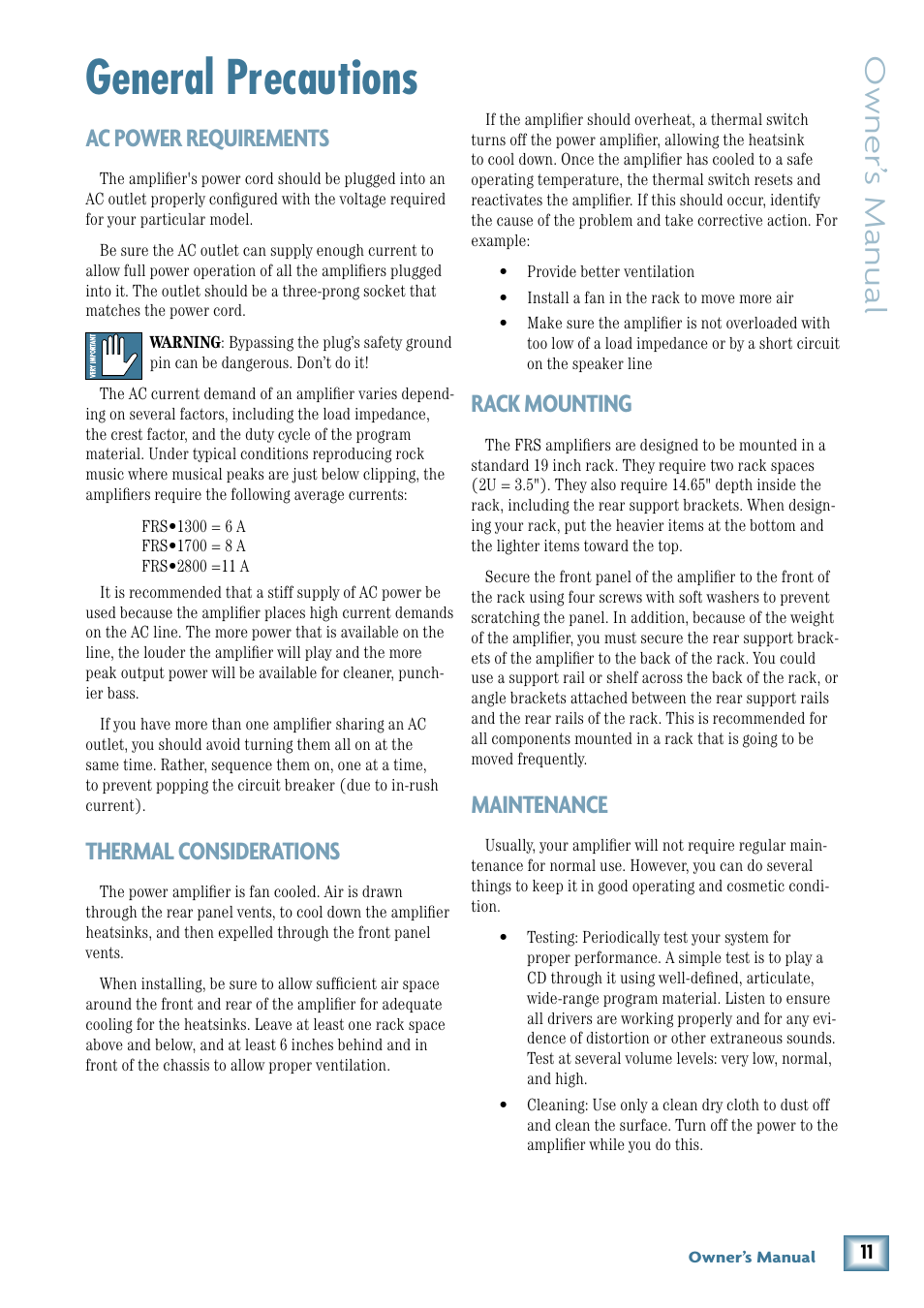 General precautions, Ac power requirements, Thermal considerations | Rack mounting, Maintenance, Owner’ s manual | MACKIE FRS1300 User Manual | Page 11 / 20