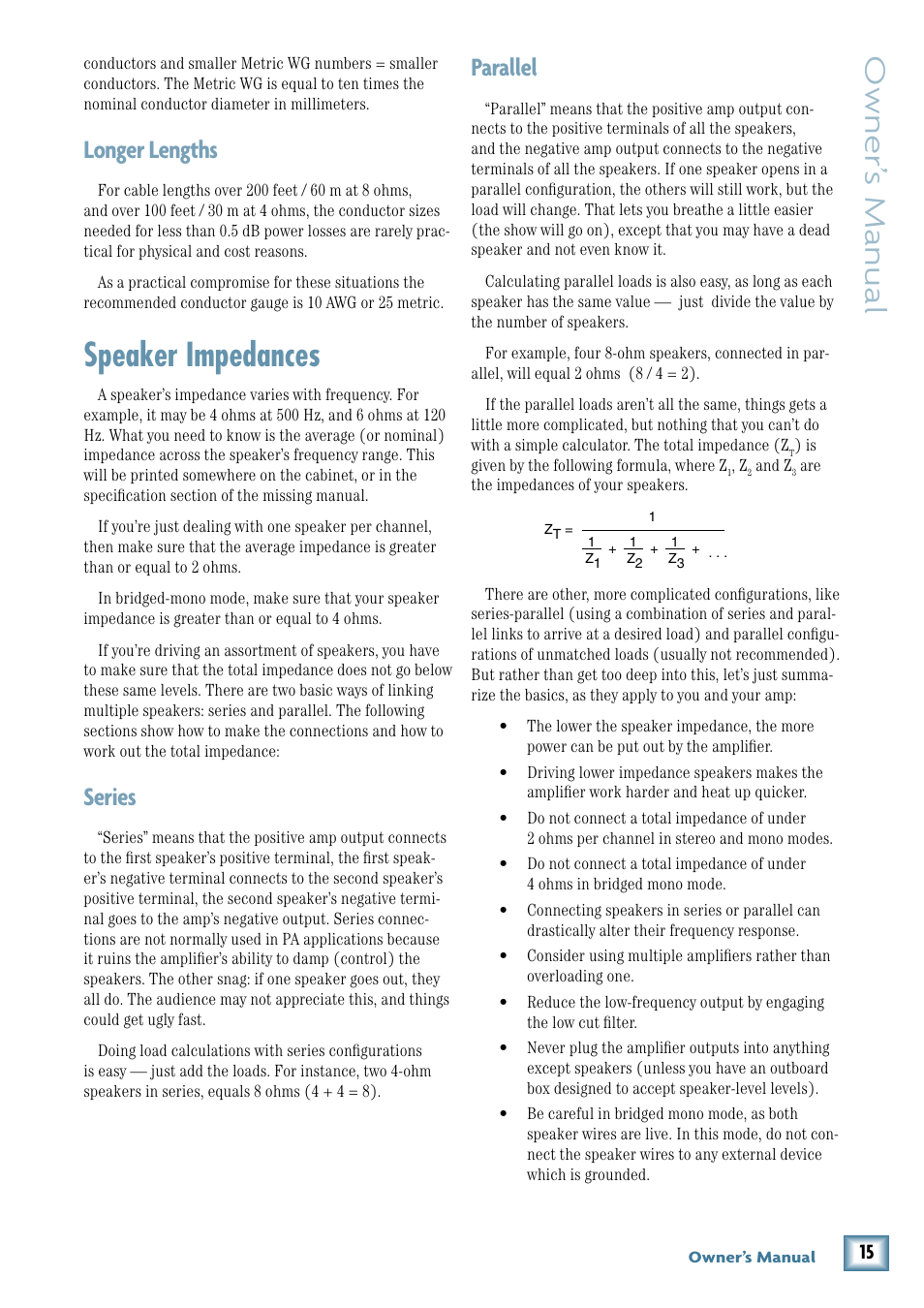 Speaker impedances, Owner’ s manual, Longer lengths | Series, Parallel | MACKIE FRS1300 User Manual | Page 15 / 20